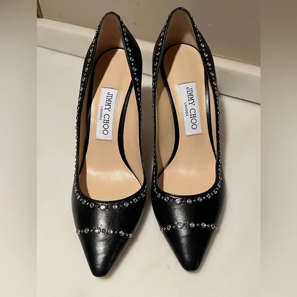 NWOT—JIMMY CHOO Romy 85 Black Heels with Silver Studs, Size 37.5 (US 7)